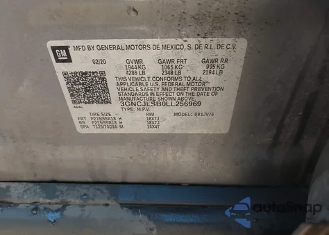 2020 Chevrolet Trax Fwd Lt из США, поврежденный, VIN 3GNCJLSB0LL256969